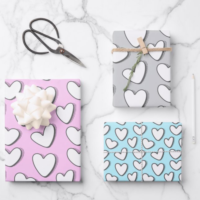 Papier d'enveloppement Motif du coeur blanc (Recto)