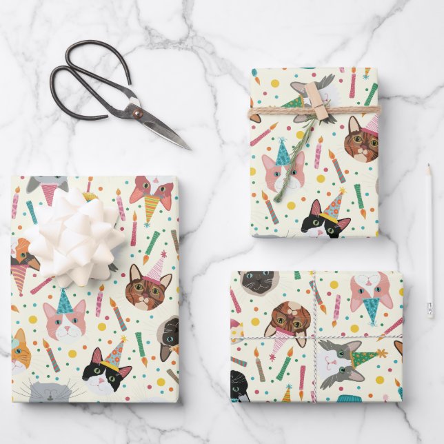 Papier d'enveloppement pour chats d'anniversaire ( (Recto)