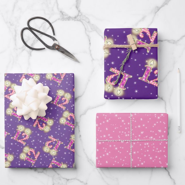 Papier d'enveloppement rose et violet 12e annivers (Recto)