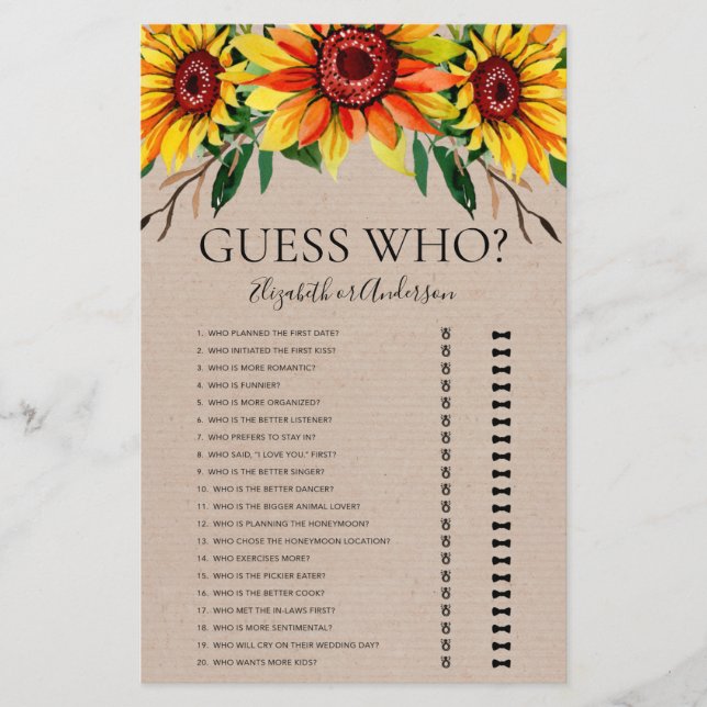Papier Des Tournesols Rustiques Devinez Qui Fête des mari (Devant)