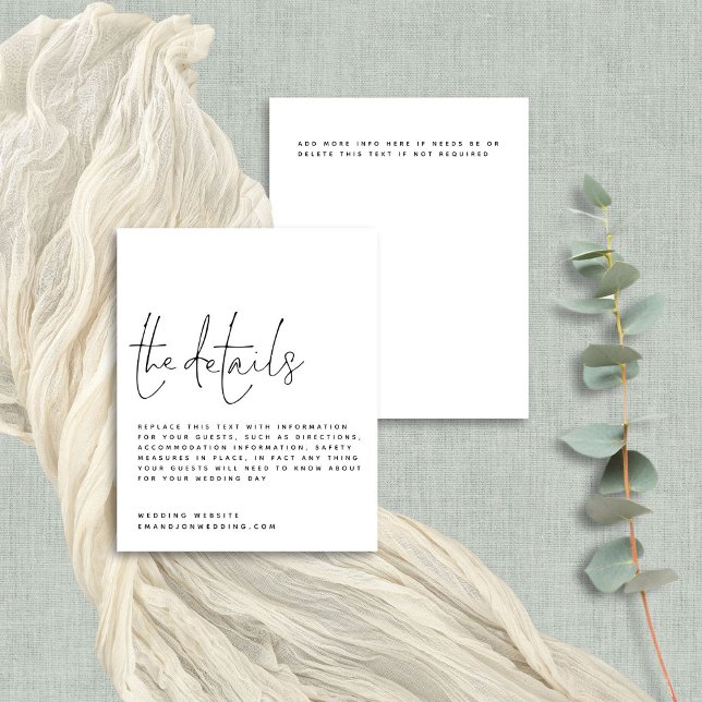 Papier Détails du Mariage noir blanc du script budgétaire (Front and back view. BUdget price smaller 4.5 x 5.6" alternative)