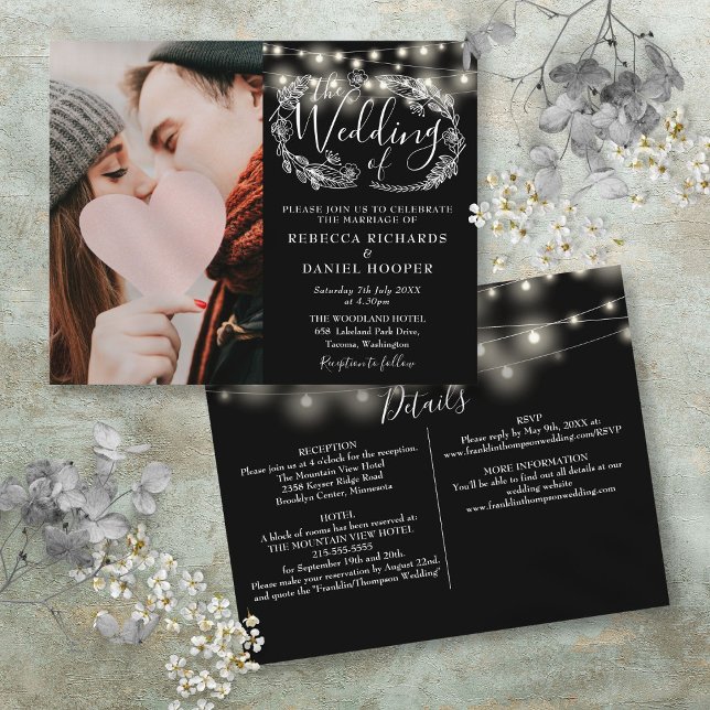 Papier Détails du Mariage photo de la chaîne de budget (Budget String Lights Photo Wedding Details Invite)