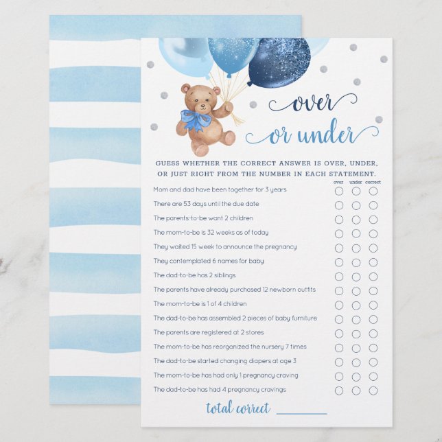 Papier Devinez au-dessus ou sous le Baby shower de jeu Te (Devant / Derrière)