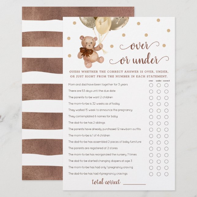 Papier Devinez au-dessus ou sous le Baby shower de jeu Te (Devant / Derrière)