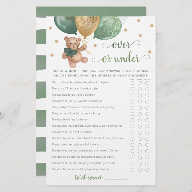 Papier Devinez au-dessus ou sous le Baby shower de jeu Te (Devant / Derrière)