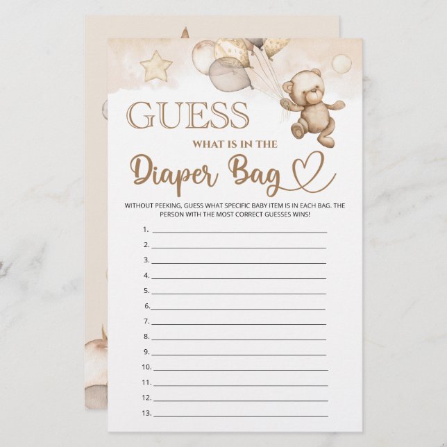 Papier Devinez ce qu'il y a dans le baby shower d'ours de (Devant / Derrière)