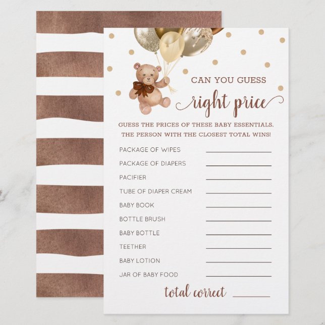 Papier Devinez juste prix jeu Baby shower Teddy Bear (Devant / Derrière)