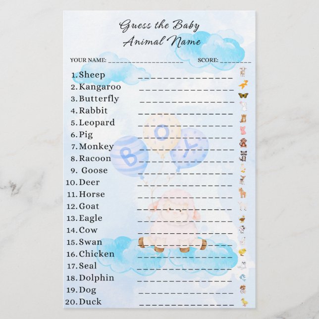 Papier Devinez le Baby shower de jeu animal bébé (Devant)