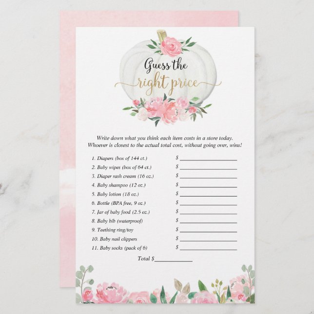 Papier Devinez le bon prix chute citrouille douche jeu (Devant / Derrière)