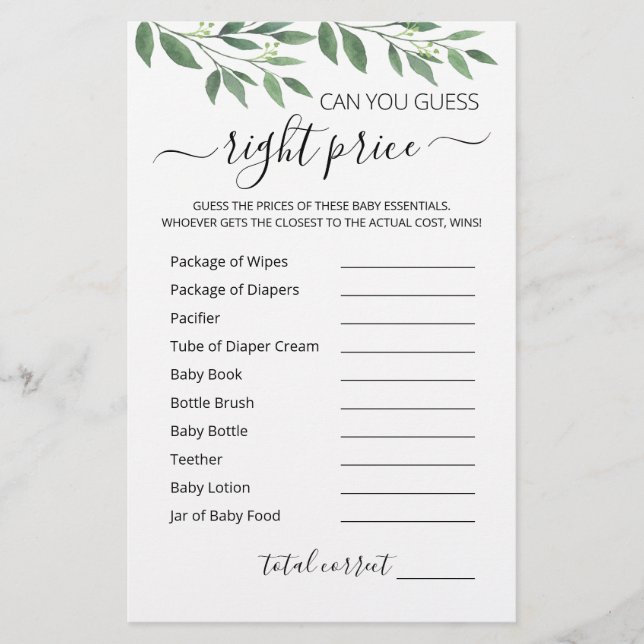 Papier Devinez le jeu de prix droit jeu Baby shower parti (Devant)
