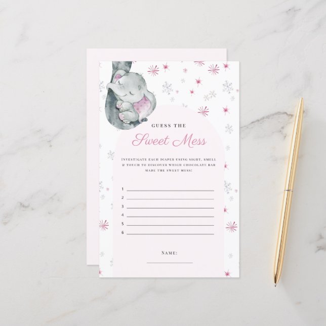 Papier Devinez le jeu d'éléphant rose hivernal de mess (Devant/Arrière en situation)