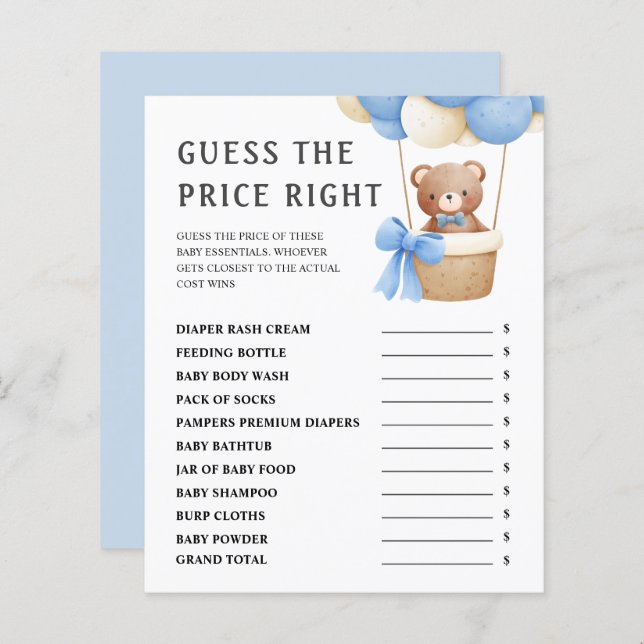 Papier Devinez Le Prix | Jeu de Baby shower de l'ours en  (Devant / Derrière)