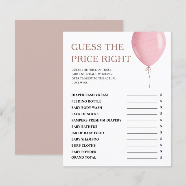 Papier Devinez Le Prix Pink Balloon Girl Baby shower Jeu (Devant / Derrière)