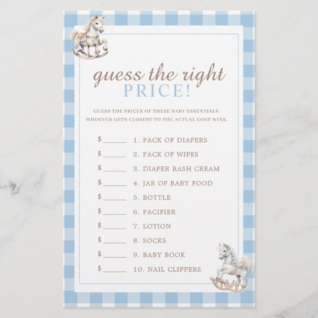 Papier Devinez le prix Rocking Horse Baby shower jeu (Devant)