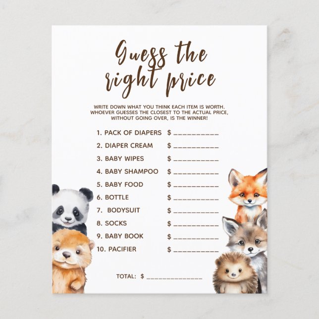 Papier Devinez le prix Woodland Animals Baby shower Jeu (Devant)