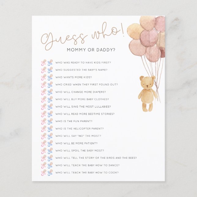Papier Devinez Qui Blush Bear Balloons Baby shower Jeu (Devant)