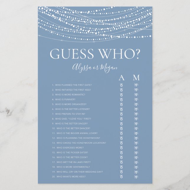 Papier Devinez Qui Dusty Blue Lights Jeu de douche LGBTQ (Devant)