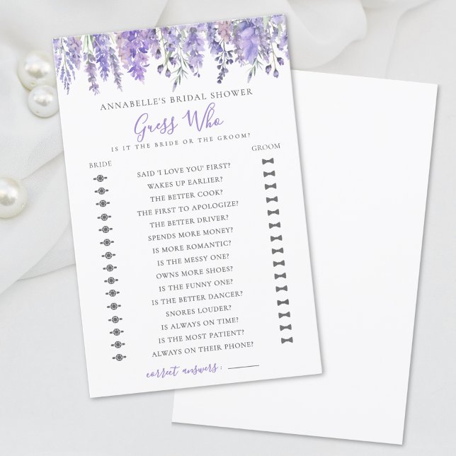 Papier Devinez Qui Fête de Mariage Florale Lavande (Guess Who Lavender Floral Bridal Shower)