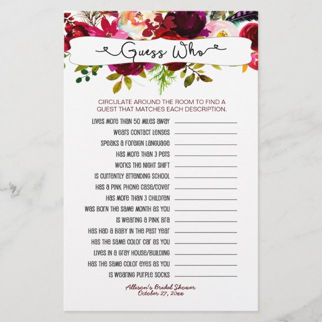 Papier Devinez qui + jeux de téléphone, bordeaux floral 3 (Devant)
