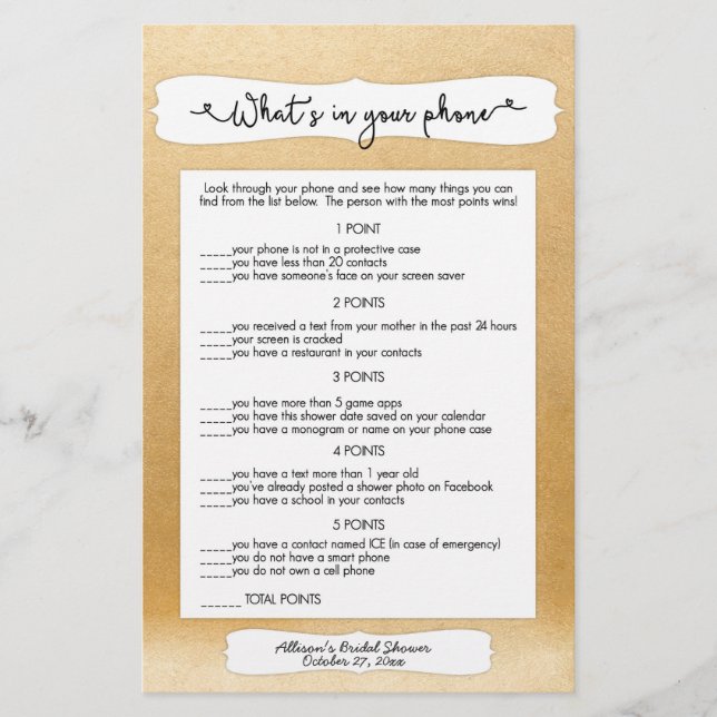 Papier Devinez qui + jeux de téléphone, douche nuptiale o (Devant)