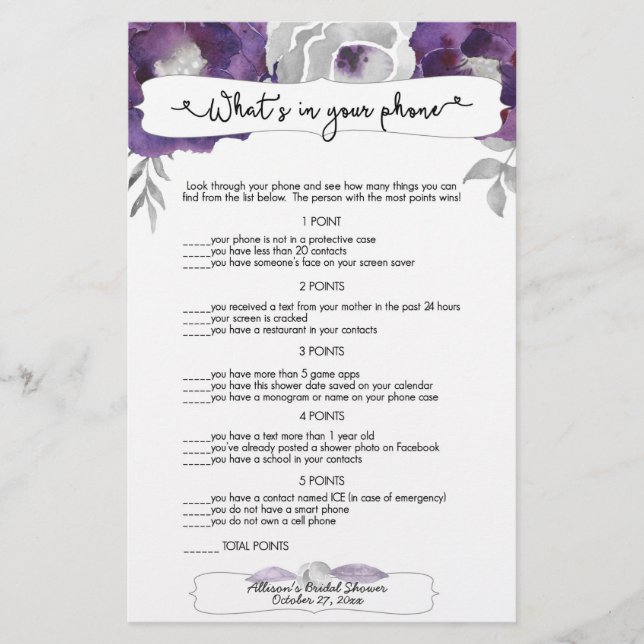 Papier Devinez qui + jeux de téléphone, violet gris flora (Devant)