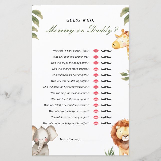 Papier Devinez qui maman ou papa Baby shower Safari jeu (Devant)