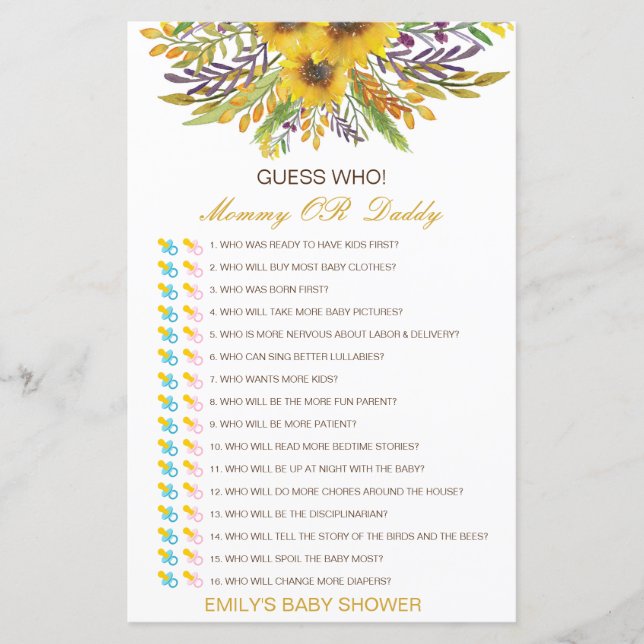 Papier Devinez qui, maman ou papa jeu de Baby shower (Devant)