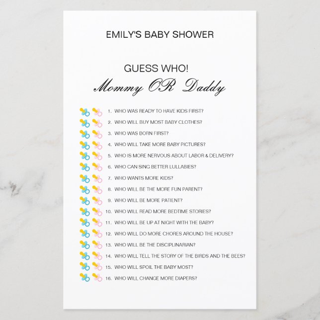 Papier Devinez qui, maman ou papa jeu de Baby shower (Devant)