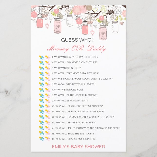 Papier Devinez qui, maman ou papa jeu de Baby shower (Devant)