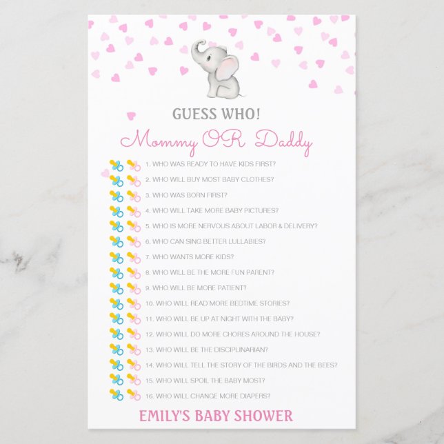 Papier Devinez qui, maman ou papa jeu de Baby shower (Devant)