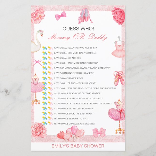 Papier Devinez qui, maman ou papa jeu de Baby shower (Devant)
