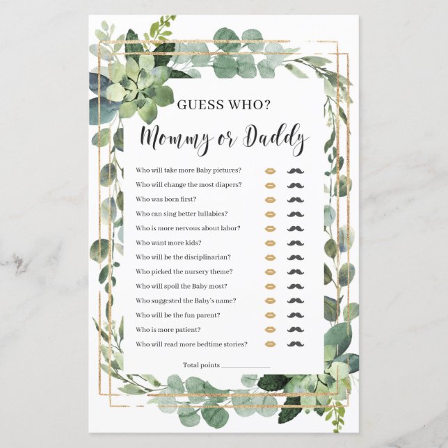 Papier Devinez qui maman ou papa jeu de baby shower (Devant)