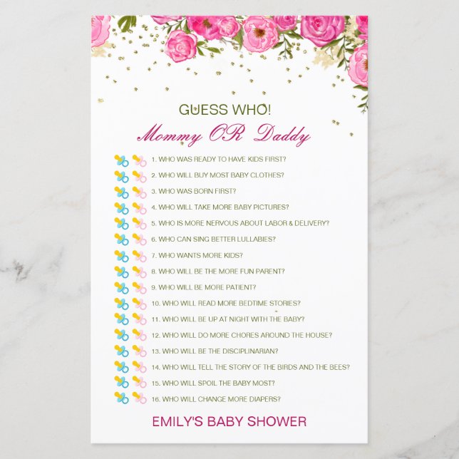 Papier Devinez qui, maman ou papa jeu de Baby shower (Devant)