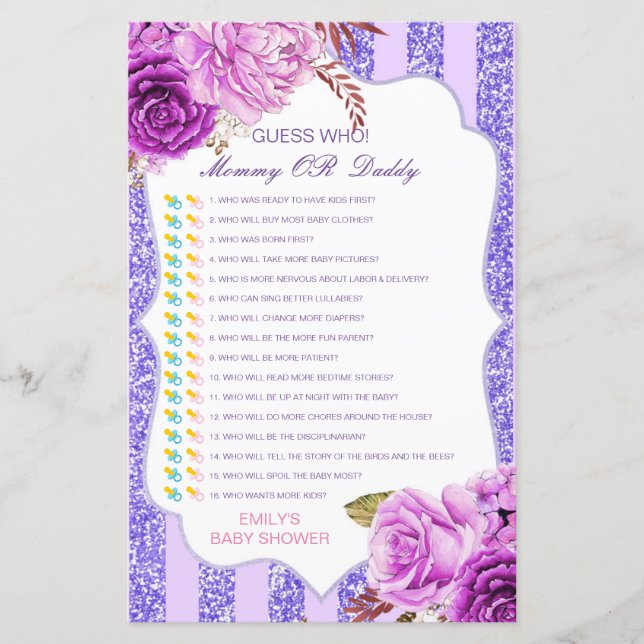 Papier Devinez qui, maman ou papa jeu de Baby shower (Devant)