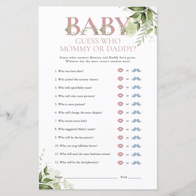 Papier Devinez Qui Maman Papa Baby shower Vert Jeu (Devant)