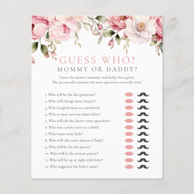 Papier Devinez Qui Maman Papa Rose Baby shower Floral Jeu (Devant)
