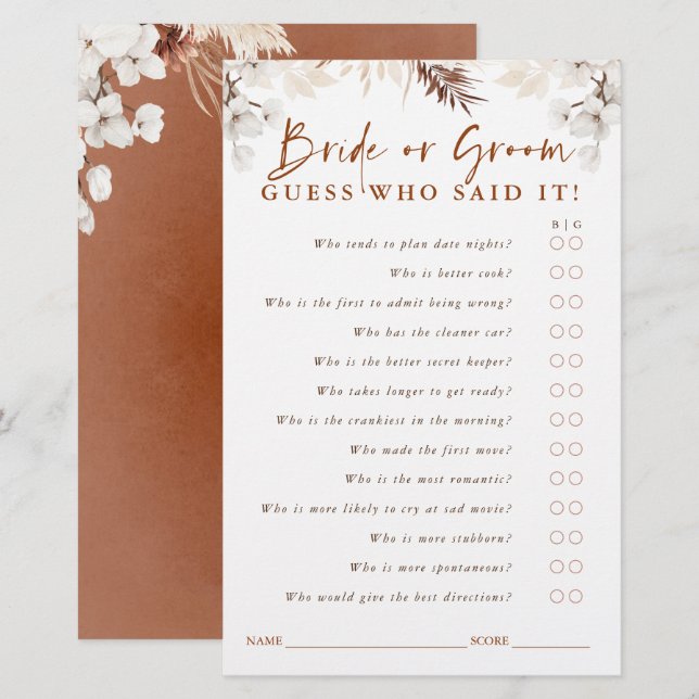 Papier Devinez qui marié ou groom - Jeu Floral en terre c (Devant / Derrière)