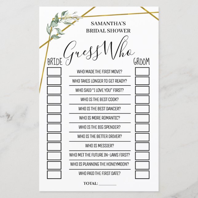 Papier Devinez qui nuptiale douche anglais jeu espagnol (Devant)