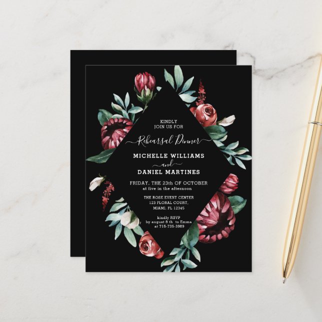 Papier Dîner de répétition budgétaire Invitation florale  (Devant/Arrière en situation)