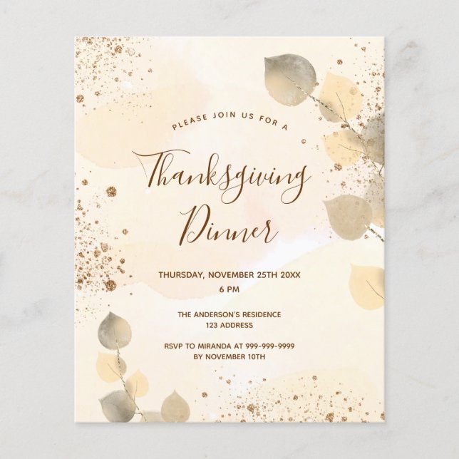 Papier Dîner de Thanksgiving à feuillage doré automnal (Devant)