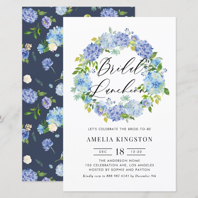 Papier Dîner nuptial Blue Hydrangea Wreath Invitation (Devant / Derrière)