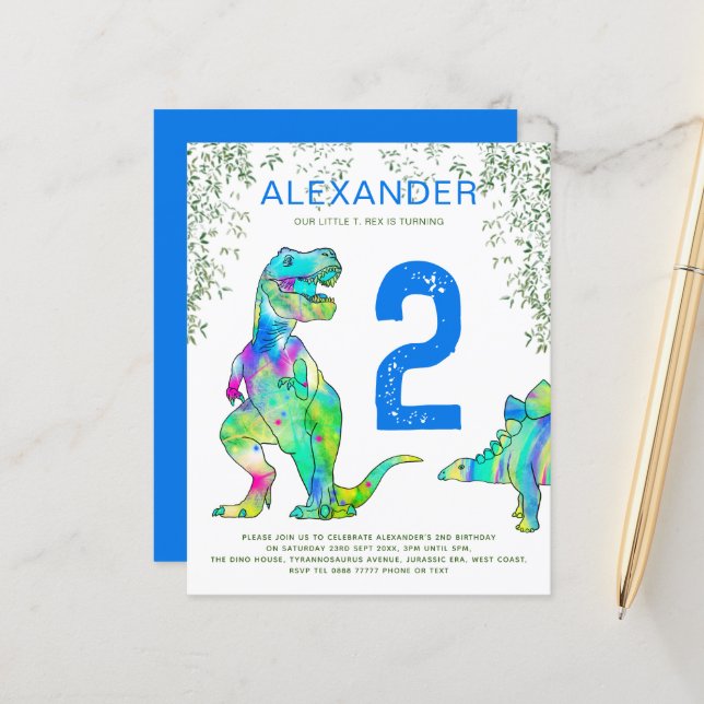 Papier Dinosaur 2ème anniversaire fête jungle budget bleu (Devant/Arrière en situation)