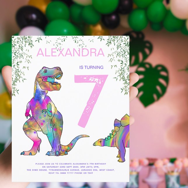 Papier Dinosaur 7e anniversaire fête Budget rose (Girls Dinosaur 7th birthday party budget invitation colorful watercolor T-Rex & stegosaurus  dino)