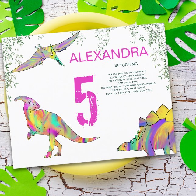 Papier Dinosaur aquarelle 5e anniversaire fête budget ros (Colorful dinosaurs pink 5th birthday budget invitation)