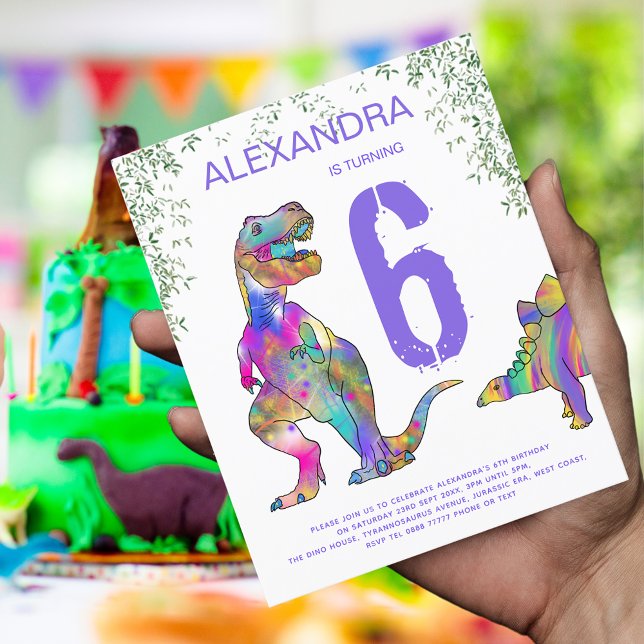 Papier Dinosaur Girls 6ème anniversaire fête Purple Budge (Dinosaur T-Rex and Stegosaurus jungle 5th birthday party purple budget invitation )