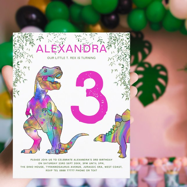 Papier Dinosaur jungle 3ème anniversaire fête budget rose (Dinosaur T-Rex jungle pink girls 3rd birthday party invitation )