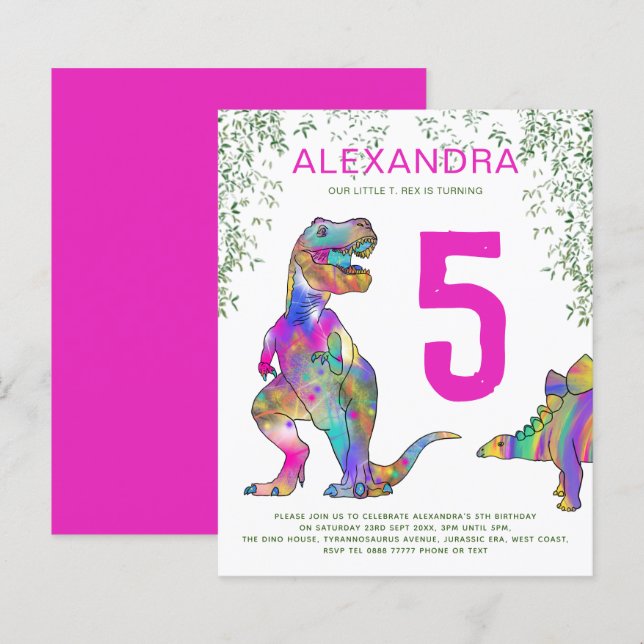 Papier Dinosaur jungle 5e anniversaire fête budget rose (Devant / Derrière)