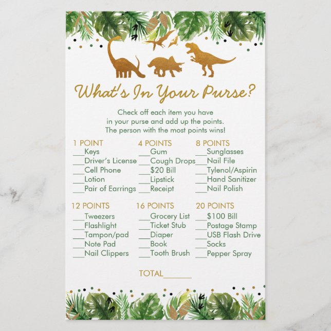 Papier Dinosaur Safari Ce qui est dans votre sac Jeu de d (Devant)