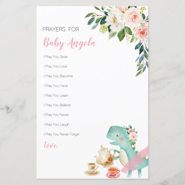 Papier Dinosaur Tea Party Prières florales pour bébé (Devant)