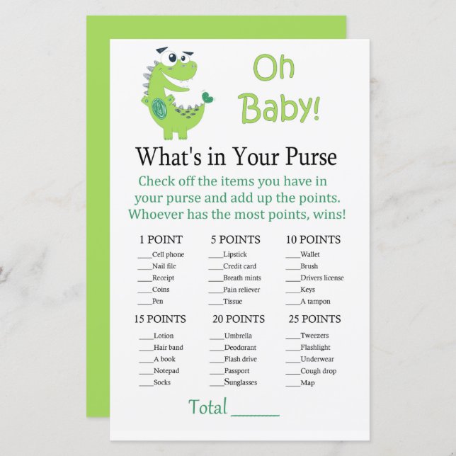 Papier Dinosaure vert Ce qui est dans votre jeu de bourse (Devant / Derrière)